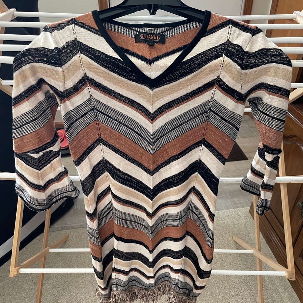 Striped V-Neck Sweater dress with Bell Sleeves